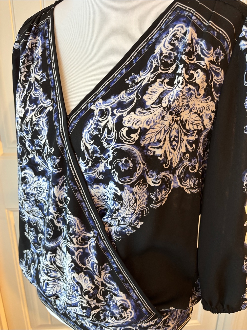 White House Black Market Black Wrap Blouse with Blue and White Scroll Print - Picture 5 of 7